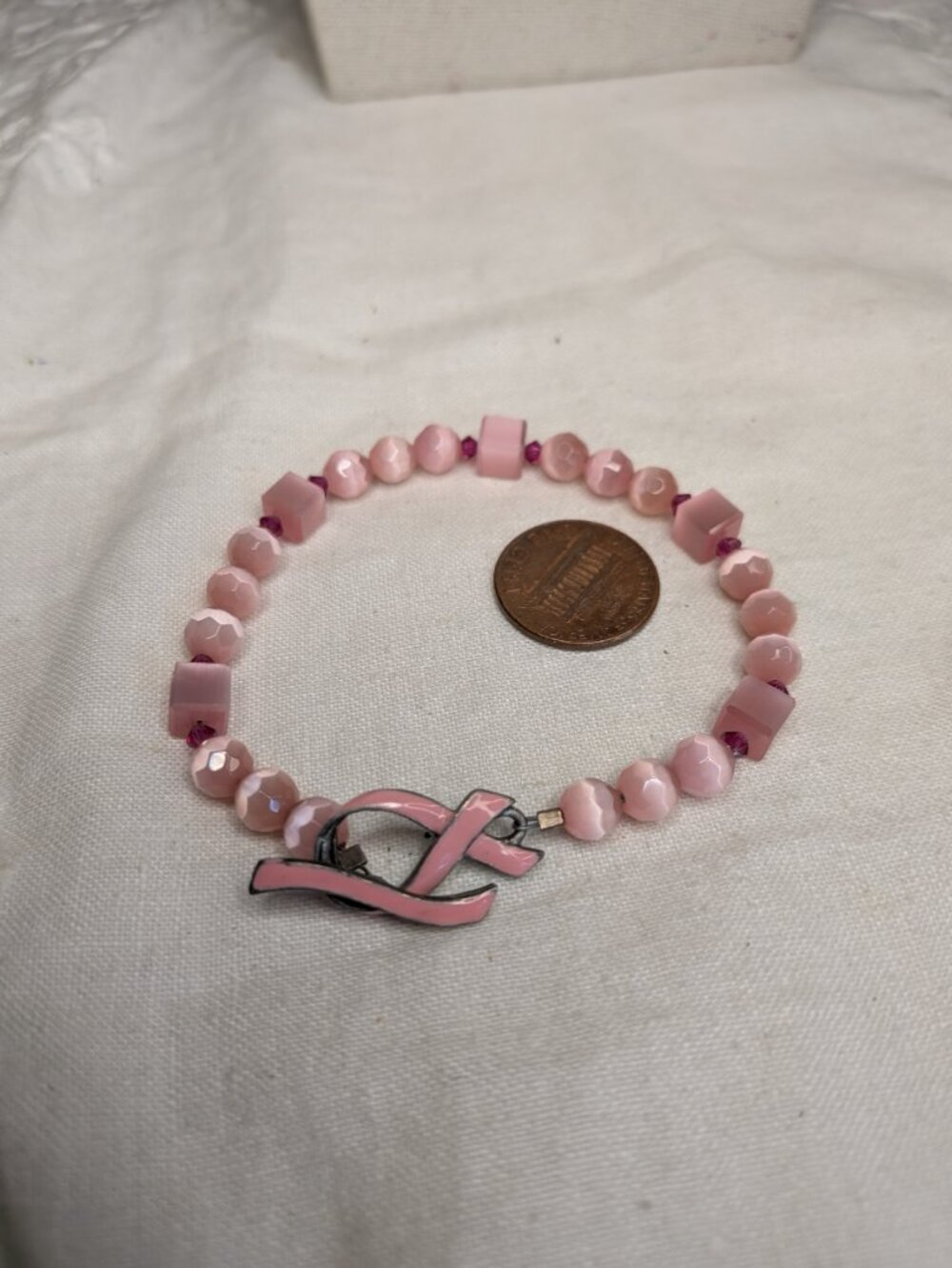 Vintage Pink Cat’s Eye Bracelet — Breast Cancer Awareness Ribbon 6.5